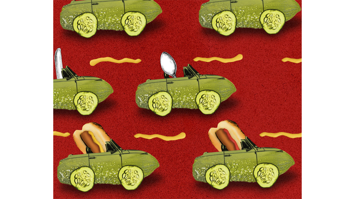 Advertisement of hot dogs riding in pickle cars 